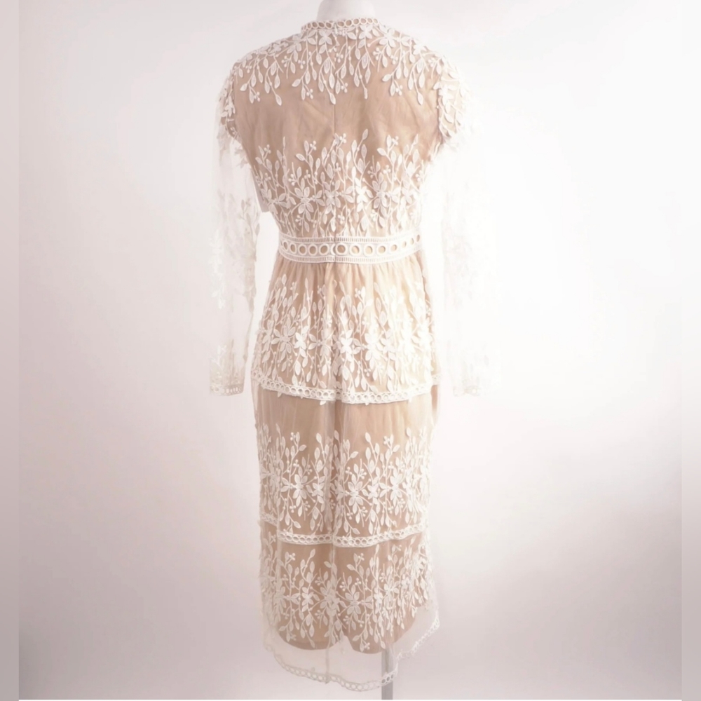 Polagram Cream Lace Embroidered Tiered Midi Dress - Picture 2 of 6